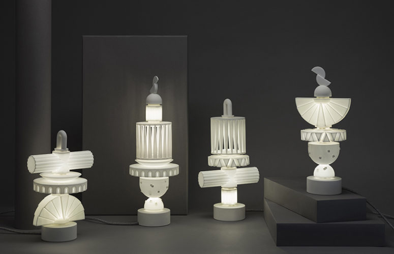 A light group created with eight basic forms stacked in different configurations - reminds of Greek sculptures to me