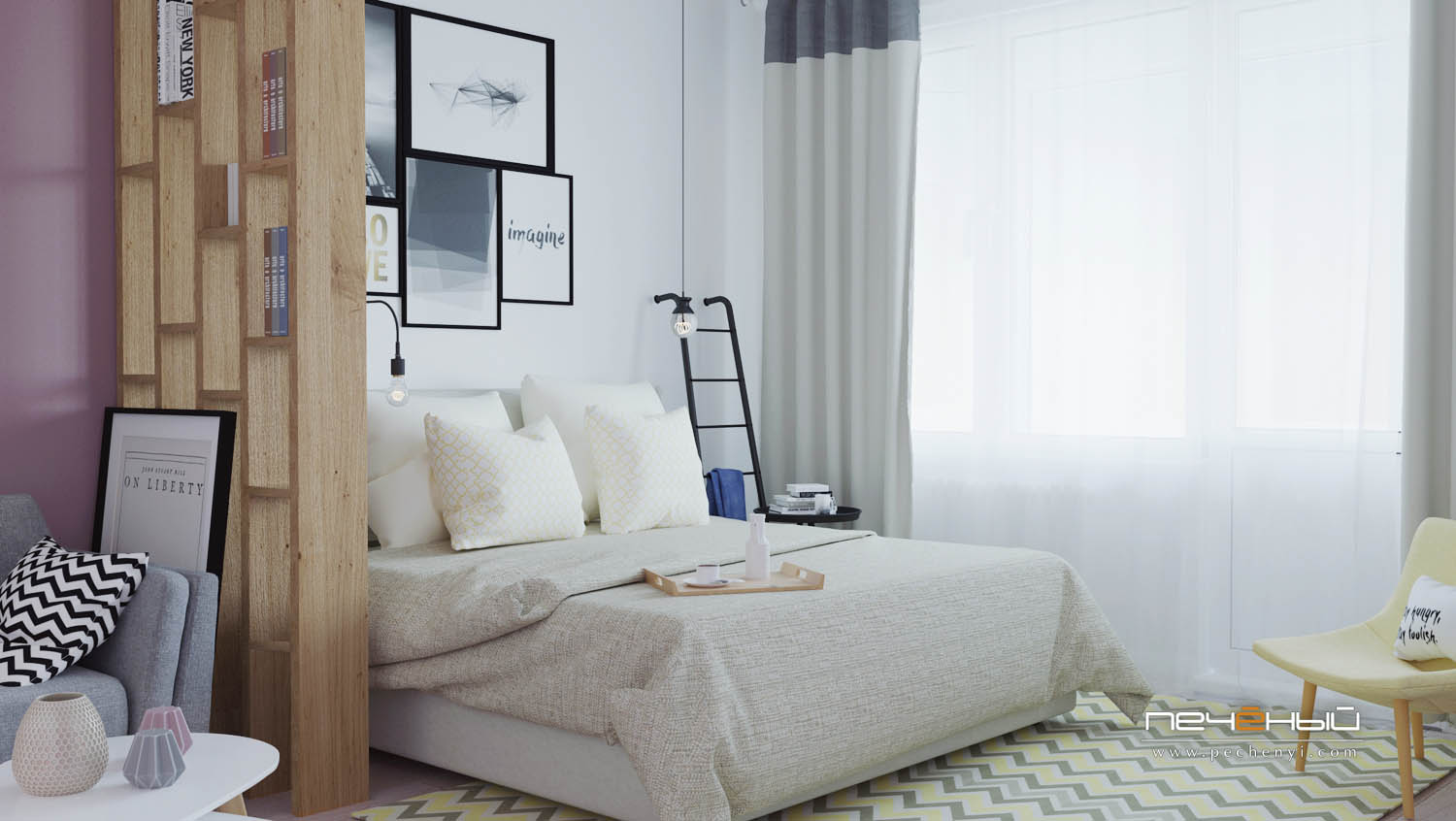 The sleeping space is taken by a large bed, wall sconces, a gallery wall and a ladder shelf for storage