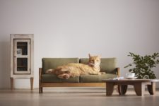 02 There are sofas and beds for kitties, made of natural wood and with natural fabric upholstery