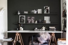 02 a Scandi space with a black statement wall and ledges, a trestle desk is a comfy solution