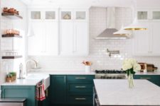 02 a chic kitchen with dark green and white cabinets, a white suwaby tile backsplash and open shelving