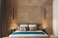 02 a modern space with a wood clad geometric wall, an upholstered bed and eye-catchy lamps hanging from above