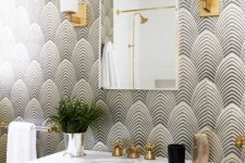 02 black and white geometric wallpaper is a nice idea for a bold art deco bathroom but keep in mind you need special finishes for wet spaces
