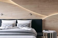 03 a chic wooden 3D headboard wall with lights creates a bold wow effect, and a floating bed adds chic