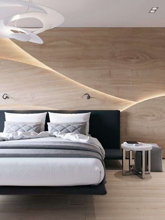 a chic wooden 3D headboard wall with lights creates a bold wow effect, and a floating bed adds chic