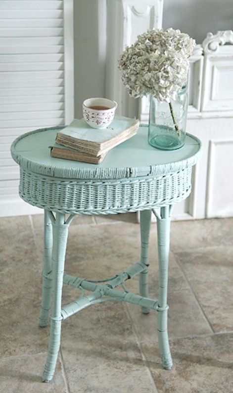 a wicker side table painted mint is a gorgeous idea and a colored piece