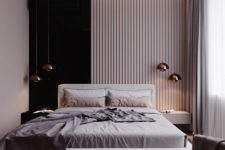 04 a headboard wall with vertical wooden slats and a black part makes the space unique, and an upholstered bed makes it softer