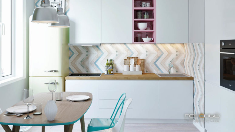 A geometric clad backsplash, a light green fridge, a pink shelf and pastel shades create a cool and soft feel, which is great for a girlish space