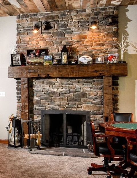 a fireplace clad with decorative stone is a classic idea, which fits any space