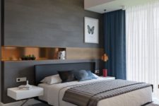 06 a dark wooden wall with a built-in shelf and a floating bed, several layers of light