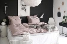 06 a girlish bedroom is calmed down with a black headboard wall, which stands out in this neutral space with blush touches
