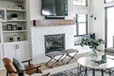 06 a neutral space with a boho feel, a built-in fireplace in a whitewashed brick wall