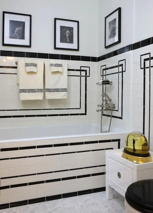 mosaic white tiles with black geometric patterns clad is a creative and chic idea