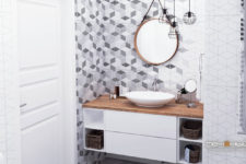 07 The bathroom is monochrome, with geometric tiles and Scandinavian lamps hanging from the ceiling