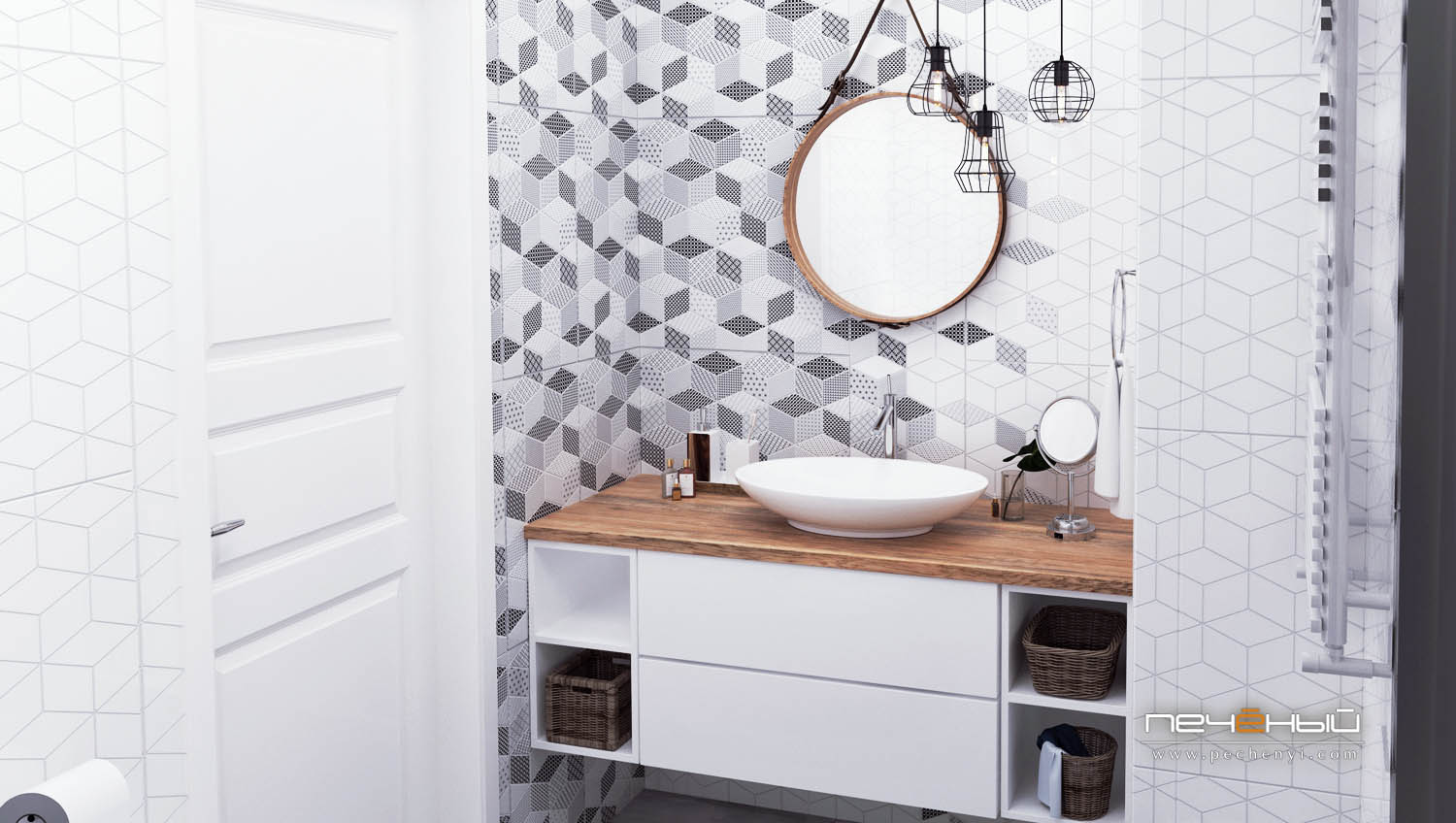 The bathroom is monochrome, with geometric tiles and Scandinavian lamps hanging from the ceiling