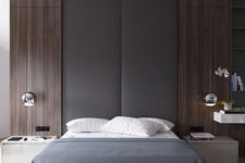 07 an eye-catchy headboard wall with upholstery and dark wood, chic silver bubble hanging lamps