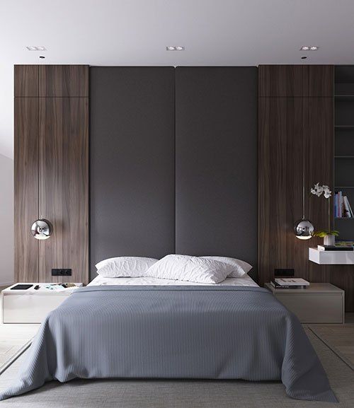An eye catchy headboard wall with upholstery and dark wood, chic silver bubble hanging lamps