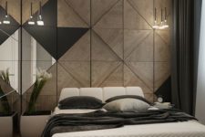 08 a moody space with a wood geometric headboard wall, glass lamps hanging in clusters