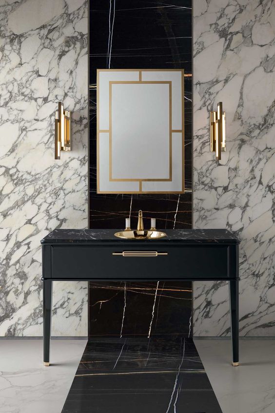 white and black marble for decorating the walls and floors is a gorgeous idea to rock in your art deco space