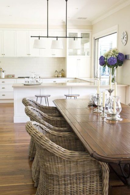 wicker chairs in a natural shade are right what you need to add a farmhouse feel to a modern kitchen