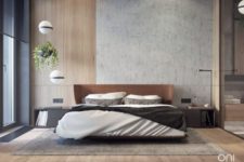 11 make the headboard wall bolder using concrete and wood panels, and add texture with a leather upholstered bed