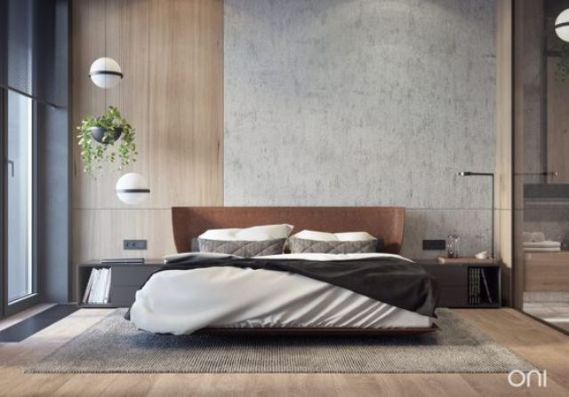 make the headboard wall bolder using concrete and wood panels, and add texture with a leather upholstered bed