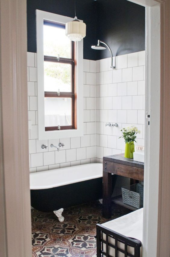 white tiles, black top and cool mosaic tiles on the floor is a chic and bold idea for an art deco space