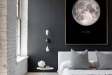 12 a modern space with an industrial feel is made more interesting with a black wall with an artwork and a white brick wall