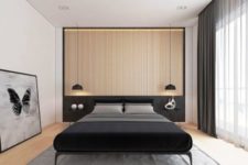 14 a light-colored wood slat headboard wall and a black bed, black pendant lamps and curtains