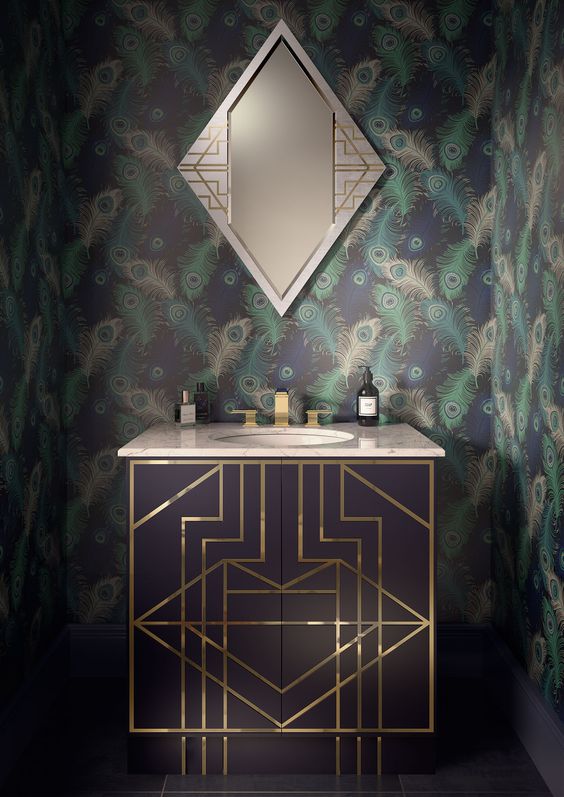 Gatsby inspired black vanity with geometric brass inlay looks very chic and glam