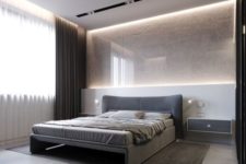16 a gorgeous textural light-colored wall with additional lighting and an upholstered grey bed and floating nightstands