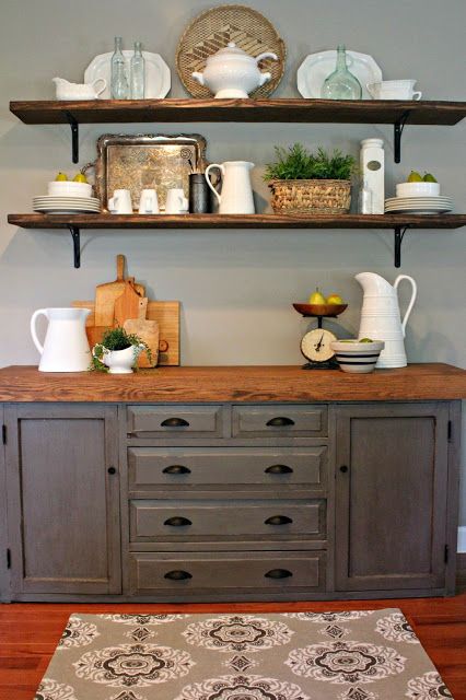stained wooden shelves and a matching countertop for a farmhouse kitchen nook