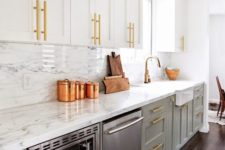 17 a farmhouse kitchen with dove grey and whiet cabinets, brass and copper touches for a cool glam feel