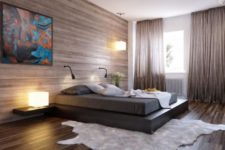 17 an ultra-modern bedroom with a wood clad wall and matching floor, a plaform bed and a faux fur rug