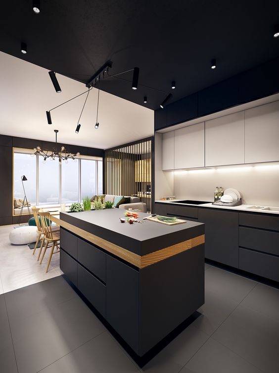 a minimalist space with greaphite grey lower cabinets and white uppers, a black ceiling and lots of additional light