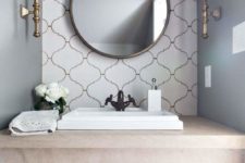 19 a Moroccan tile accent wall highlights the sink zone. and metallic accents make it bolder