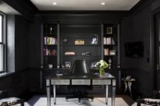 19 a gorgeous home office with black walls, an open shelving unit and a mirrored desk