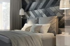 20 a modern space with a chevron clad wooden wall in grey and black