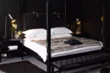 21 a luxurious bedroom with black walls, a glam chandelier, animal skin rugs and leather furniture just makes drop a jaw