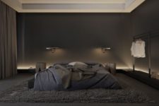 24 a modern masculine bedroom with a large bed and all black and graphite grey, additional lights make it brighter