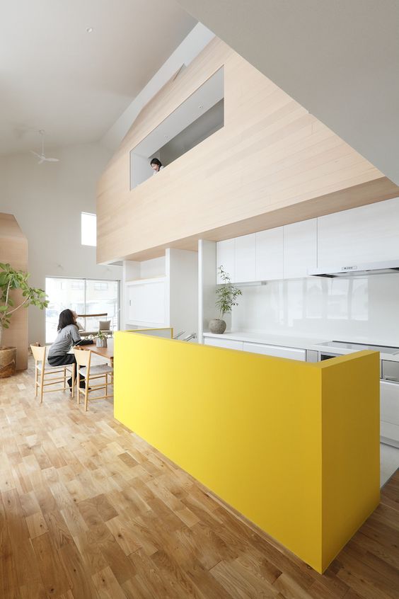 a minimalist white kitchen with a yellow kitchen island looks wow