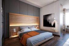 26 several layers of light, a wooden platform bed and additional shelves with lights look modern and pretty