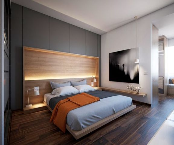 several layers of light, a wooden platform bed and additional shelves with lights look modern and pretty