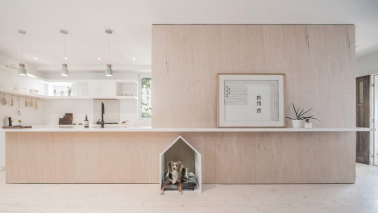 This modern home features a plywood cube right in the center with a god space incorporated, and this dog bed became a focal point