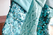 02 cable knit and sequin blue stockings with monograms are cool for a shiny touch