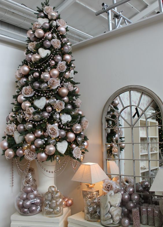 champagne, copper and silver Christmas tree decor with a shabby chic feel