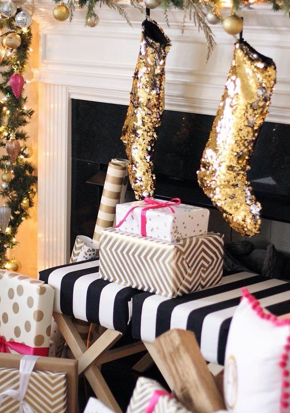 gold sequin stockings for Christmas will add a cute glam touch to your space