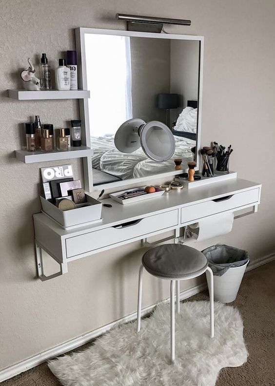 if there isn't much space, go for a floating vanity with drawers, it's ideal for a small nook