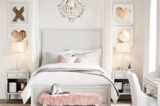 05 a bedroom done in cream and light grey, a pink fur bench and gold touches