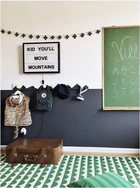 A partly black wall with a mountain pattern for a mountain themed room